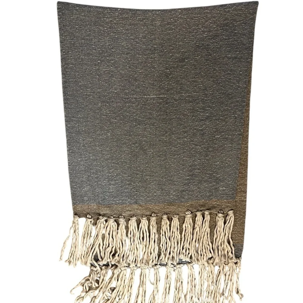 Anthropologie Cozy Heathered Fringe Throw Blanket, blue tan & cream